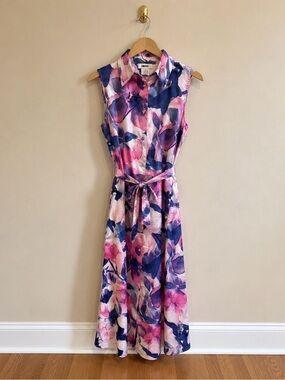 DKNY Pink & Navy Watercolor Floral Midi Shirt Dress